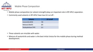 Mobile Phase Composition
• Mobile phase composition (or solvent strength) plays an important role in RP-HPLC separation.
• Commonly used solvents in RP-HPLC have low UV cut off :
• These solvents are miscible with water.
• Mixture of acetonitrile and water is the best initial choice for the mobile phase during method
development.
4/6/2022 8
 
