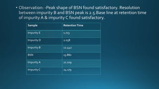 Sample RetentionTime
Impurity E 1.723
Impurity D 2.058
Impurity B 12.442
BSN 13.880
ImpurityA 21.109
ImpurityC 24.179
 