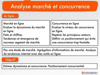Analyse marché et concurrence
en ligne...

Marché en ligne                      Concurrence en ligne
Evaluer le dynamisme du marché       Evaluer le niveau de concurrence
en ligne.                            en ligne.
Faits et chiffres.                   Repérer les principaux acteurs.
Tendances et émergence de            Déﬁnir un positionnement qui évite
nouveau segment de marché.           une concurrence trop frontale.

Pas une étude de marché. Agrégation d'informations de marché. Analyse
de tendances internet avec des outils en ligne.

 Objectif

Estimer dynamisme et concurrence. Positionnement concurrentiel.
 
