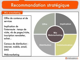 Recommandation stratégique
Mix e-marketing

Offre de contenus et de
services

Implication de
l'internaute : temps de
visite, nb de pages/visite,
inscription newsletter,
achat...

Canaux de distribution :
internet, mobile, email,
SMS

Web-marketing
 