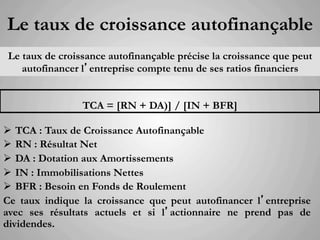 Le taux de croissance autofinançable
 Le taux de croissance autofinançable précise la croissance que peut
    autofinancer l’entreprise compte tenu de ses ratios financiers


                 TCA = [RN + DA)] / [IN + BFR]

Ø  TCA : Taux de Croissance Autofinançable
Ø  RN : Résultat Net
Ø  DA : Dotation aux Amortissements
Ø  IN : Immobilisations Nettes
Ø  BFR : Besoin en Fonds de Roulement
Ce taux indique la croissance que peut autofinancer l’entreprise
avec ses résultats actuels et si l’actionnaire ne prend pas de
dividendes.
 