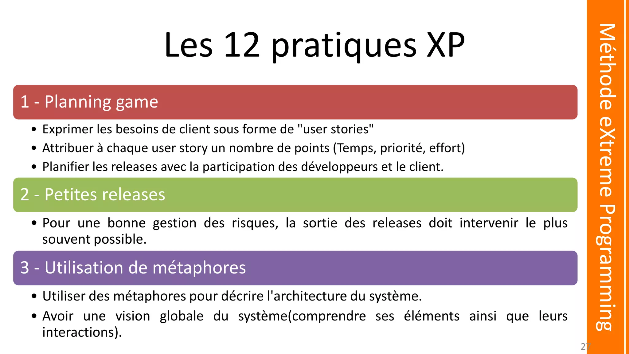 Les 12 pratiques XP
1 - Planning game
• Exprimer les besoins de client sous forme de "user stories"
• Attribuer à chaque user story un nombre de points (Temps, priorité, effort)
• Planifier les releases avec la participation des développeurs et le client.
2 - Petites releases
• Pour une bonne gestion des risques, la sortie des releases doit intervenir le plus
souvent possible.
3 - Utilisation de métaphores
• Utiliser des métaphores pour décrire l'architecture du système.
• Avoir une vision globale du système(comprendre ses éléments ainsi que leurs
interactions).
MéthodeeXtremeProgramming
27
 