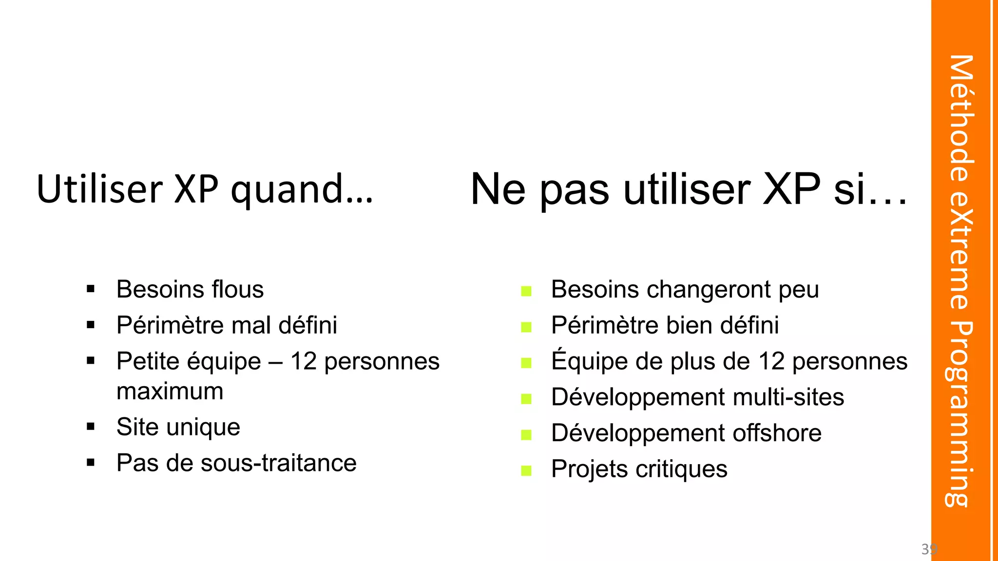 Utiliser XP quand…
 Besoins flous
 Périmètre mal défini
 Petite équipe – 12 personnes
maximum
 Site unique
 Pas de sous-traitance
Ne pas utiliser XP si…
 Besoins changeront peu
 Périmètre bien défini
 Équipe de plus de 12 personnes
 Développement multi-sites
 Développement offshore
 Projets critiques
MéthodeeXtremeProgramming
39
 