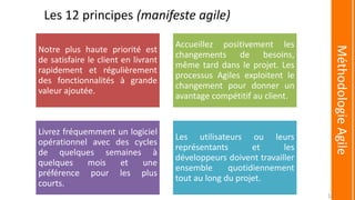 Les 12 principes (manifeste agile)
Notre plus haute priorité est
de satisfaire le client en livrant
rapidement et régulièrement
des fonctionnalités à grande
valeur ajoutée.
Accueillez positivement les
changements de besoins,
même tard dans le projet. Les
processus Agiles exploitent le
changement pour donner un
avantage compétitif au client.
Livrez fréquemment un logiciel
opérationnel avec des cycles
de quelques semaines à
quelques mois et une
préférence pour les plus
courts.
Les utilisateurs ou leurs
représentants et les
développeurs doivent travailler
ensemble quotidiennement
tout au long du projet.
MéthodologieAgile
18
 