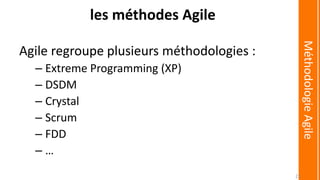 Agile regroupe plusieurs méthodologies :
– Extreme Programming (XP)
– DSDM
– Crystal
– Scrum
– FDD
– …
les méthodes Agile
MéthodologieAgile
21
 