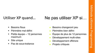 Utiliser XP quand…
 Besoins flous
 Périmètre mal défini
 Petite équipe – 12 personnes
maximum
 Site unique
 Pas de sous-traitance
Ne pas utiliser XP si…
 Besoins changeront peu
 Périmètre bien défini
 Équipe de plus de 12 personnes
 Développement multi-sites
 Développement offshore
 Projets critiques
MéthodeeXtremeProgramming
39
 