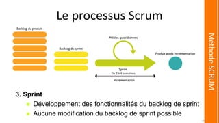 Le processus Scrum
3. Sprint
 Développement des fonctionnalités du backlog de sprint
 Aucune modification du backlog de sprint possible
MéthodeSCRUM
De 2 à 4 semaines
46
 
