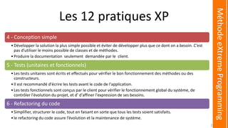 Les 12 pratiques XP
4 - Conception simple
•Développer la solution la plus simple possible et éviter de développer plus que...