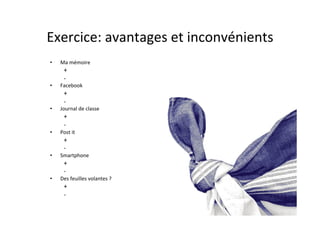 Exercice:	
  avantages	
  et	
  inconvénients	
  
•  Ma	
  mémoire	
  
+	
  
-­‐	
  
•  Facebook	
  
+	
  
-­‐	
  
•  Journal	
  de	
  classe	
  
+	
  
-­‐	
  
•  Post	
  it	
  
+	
  
-­‐	
  
•  Smartphone	
  
+	
  
-­‐	
  
•  Des	
  feuilles	
  volantes	
  ?	
  
+	
  
-­‐	
  
 