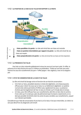 1.1.2 LA POSITION DE LA HAIE OU DU TALUS PAR RAPPORT A LA PENTE 
Perpendiculaire 
- Haies parallèles à la pente : Le rôle anti-érosif des ces haies est moindre 
- Haies en position intermédiaire par rapport à la pente : Le rôle anti-érosif de ces 
haies est moyen 
- Haies perpendiculaire à la pente : Le rôle anti-érosif de ces haies est très important. 
1.1.3 LA PRESENCE D’UN TALUS 
Une haie sur talus retiendra globalement mieux les eaux qu’une haie à plat. En effet, la 
présence d’un talus forcera les eaux à s’infiltrer en profondeur. Tandis qu’une haie sans talus 
freinera les eaux de ruissellements de part « l’effet peigne » des végétaux, mais ne la stoppera 
pas. 
1.1.4 L’ETAT DE CONSERVATION DE LA HAIE ET DU TALUS 
Le rôle anti-érosif du bocage varie en fonction de son état de conservation : 
Une haie sur talus, possédant plusieurs strates de végétation, sera beaucoup plus 
efficace pour retenir les eaux qu’un talus nu ou faiblement végétalisé. Le système 
racinaire des arbres permettra d’infiltrer plus rapidement les eaux. La présence 
d’arbres permet également de fixer le talus et d’éviter qu’il s’érode dans le temps. 
Un talus, pour être efficace face aux ruissellements, doit être en bon état et continu. 
C'est-à-dire qu’il ne doit pas subir de piétinement (par les bovins notamment), et ne 
doit pas posséder de brèche dans les zones les plus sensibles aux ruissellements, auquel 
cas il devient perméable. 
Considérant que l’état de conservation d’une haie ou d’un talus n’est pas irréversible, ce critère ne 
sera pas décisif lors du diagnostic anti-érosif. 
Syndicat Mixte du Bassin de la Sélune, 21 rue de la Libération, 50240 Saint-James, 02.33.89.62.14 2 / 4 
Fonction anti-érosive 
+ - 
Mi versant 
Parallèle 
Intermédiaire 
 