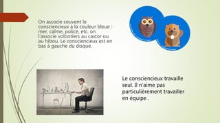 On associe souvent le
consciencieux à la couleur bleue :
mer, calme, police, etc. on
l’associe volontiers au castor ou
au hibou. Le consciencieux est en
bas à gauche du disque.
Le consciencieux travaille
seul. Il n’aime pas
particulièrement travailler
en équipe .
 