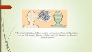 Dans toute transaction de la vie courante communiquer efficacement c’est avant
tout une forte capacité d’écoute et d’observation afin d’adapter son discours à
son interlocuteur.
 