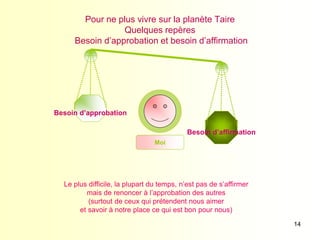 14
Pour ne plus vivre sur la planète Taire
Quelques repères
Besoin d’approbation et besoin d’affirmation
Moi
Besoin d’approbation
Besoin d’affirmation
Le plus difficile, la plupart du temps, n’est pas de s’affirmer
mais de renoncer à l’approbation des autres
(surtout de ceux qui prétendent nous aimer
et savoir à notre place ce qui est bon pour nous)
 