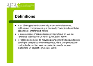 Unité d’Apprentissage et
de Formation des Adultes
Université de Liège
Définitions
« un développement systématique des connaissances,
aptitudes et compétences que demande l’exercice d’une tâche
spécifique » (Marchand, 1981)
« un processus d’apprentissage systématique en vue de
l’exercice spécifique d’un rôle » (De Ketele, 1989)
« l’action de se doter de moyens pour permettre l’acquisition de
savoir par une personne ou un groupe, dans une perspective
contractuelle, en lien avec un contexte donnée en vue
d’atteindre un objectif » (Ardouin, 2003)
 