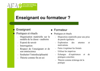 Unité d’Apprentissage et
de Formation des Adultes
Université de Liège
Enseignant ou formateur ?
Enseignant
Pratiques et rituels
– Organisation matérielle sur le
modèle de la classe - auditoire
– Exposé de savoir
– Interrogation
– Respect de l’enseignant et de
son omniscience
– Souhaiter l’interdisciplinarité
– Théorie comme fin en soi
Formateur
Pratiques et rituels
– Disposition matérielle pour une prise
de parole égalitaire
– Exploration des attentes et
motivations
– Faire s’exprimer les formés
– Utiliser les imprévus
– Echanges d’expériences et de
pratiques concrètes
– Théorie comme éclairage de la
pratique
 