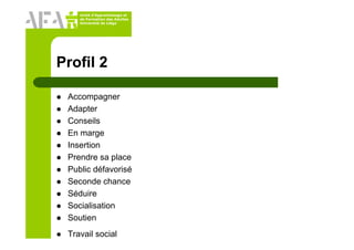 Unité d’Apprentissage et
de Formation des Adultes
Université de Liège
Profil 2
Accompagner
Adapter
Conseils
En marge
Insertion
Prendre sa place
Public défavorisé
Seconde chance
Séduire
Socialisation
Soutien
Travail social
 