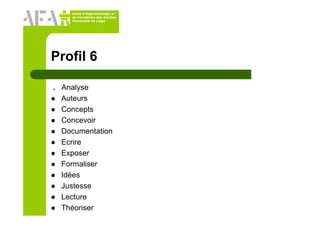 Unité d’Apprentissage et
de Formation des Adultes
Université de Liège
Profil 6
. Analyse
Auteurs
Concepts
Concevoir
Documentation
Ecrire
Exposer
Formaliser
Idées
Justesse
Lecture
Théoriser
 