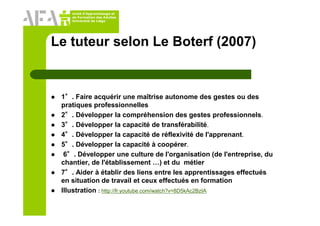 Unité d’Apprentissage et
de Formation des Adultes
Université de Liège
Le tuteur selon Le Boterf (2007)
1°
°
°
°. Faire acquérir une maîtrise autonome des gestes ou des
pratiques professionnelles
2°
°
°
°. Développer la compréhension des gestes professionnels.
3°
°
°
°. Développer la capacité de transférabilité.
4°
°
°
°. Développer la capacité de réflexivité de l'apprenant.
5°
°
°
°. Développer la capacité à coopérer.
6°
°
°
°. Développer une culture de l'organisation (de l'entreprise, du
chantier, de l'établissement …) et du métier
7°
°
°
°. Aider à établir des liens entre les apprentissages effectués
en situation de travail et ceux effectués en formation
Illustration : http://fr.youtube.com/watch?v=8D5kAc2BzIA
 