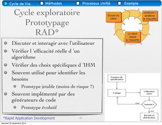 Cycle de Vie.            Méthodes              Processus Uniﬁé   Exemple

             Cycle exploratoire
               Prototypage
                  RAD*
           Discuter et interagir avec l’utilisateur
           Vériﬁer l ’efﬁcacité réelle d ’un
           algorithme
           Vériﬁer des choix spéciﬁques d ’IHM
           Souvent utilisé pour identiﬁer les
           besoins
                     Prototype jetable (moins de risque ?)
           Souvent implémenté par des
           générateurs de code
                     Prototype évolutif

 *Rapid Application Development                   11
mercredi 29 septembre 2010
 