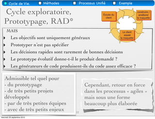 Cycle de Vie.        Méthodes          Processus Uniﬁé   Exemple

   Cycle exploratoire,
   Prototypage, RAD*
      MAIS
  ‣       Les objectifs sont uniquement généraux
  ‣       Prototyper n’est pas spéciﬁer
  ‣       Les décisions rapides sont rarement de bonnes décisions
  ‣       Le prototype évolutif donne-t-il le produit demandé ?
  ‣       Les générateurs de code produisent-ils du code assez efﬁcace ?

   Admissible tel quel pour
   - du prototypage                               Cependant, retour en force
   - de très petits projets                       dans les processus « agiles »
   développés                                     mais sous une forme
   - par de très petites équipes                  beaucoup plus élaborée
   - avec de très petits enjeux           12
mercredi 29 septembre 2010
 