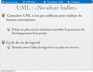 Cycle de Vie.           Méthodes           Processus Uniﬁé   Exemple


                             UML : «No silver bullet»
          Connaître UML n’est pas sufﬁsant pour réaliser de
          bonnes conceptions

                    Il faut en plus savoir maîtriser/contrôler le processus de
                    développement d’un projet

          Cycle de vie du logiciel
                    Période entre l’idée du logiciel et sa mise en service




                                               3
mercredi 29 septembre 2010
 