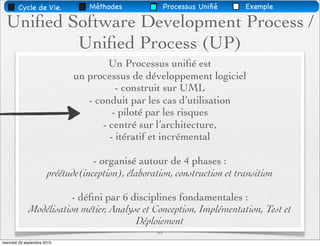 Cycle de Vie.             Méthodes               Processus Uniﬁé   Exemple

  Uniﬁed Software Development Process /
          Uniﬁed Process (UP)
                                       Un Processus uniﬁé est
                              un processus de développement logiciel
                                         - construit sur UML
                                 - conduit par les cas d’utilisation
                                        - piloté par les risques
                                     - centré sur l’architecture,
                                       - itératif et incrémental

                                   - organisé autour de 4 phases :
                       préétude(inception), élaboration, construction et transition

                        - déﬁni par 6 disciplines fondamentales :
             Modélisation métier, Analyse et Conception, Implémentation, Test et
                                        Déploiement
                                                    33
mercredi 29 septembre 2010
 