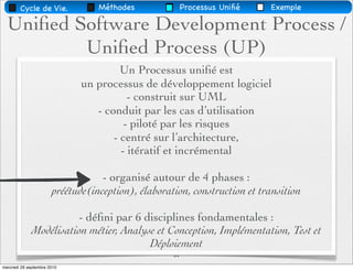 Cycle de Vie.             Méthodes               Processus Uniﬁé   Exemple

  Uniﬁed Software Development Process /
          Uniﬁed Process (UP)
                                       Un Processus uniﬁé est
                              un processus de développement logiciel
                                         - construit sur UML
                                 - conduit par les cas d’utilisation
                                        - piloté par les risques
                                     - centré sur l’architecture,
                                       - itératif et incrémental

                                   - organisé autour de 4 phases :
                       préétude(inception), élaboration, construction et transition

                        - déﬁni par 6 disciplines fondamentales :
             Modélisation métier, Analyse et Conception, Implémentation, Test et
                                        Déploiement
                                                    44
mercredi 29 septembre 2010
 