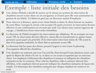 Cycle de Vie.         Méthodes                Processus Uniﬁé           Exemple


       Exemple : liste initiale des besoins
         Une chaîne d'hôtels a décidé de mettre sur le réseau un système de réservation de
         chambres ouvert à tout client via un navigateur, et d'autre part elle veut automatiser la
         gestion de ses hôtels. Un hôtel est géré par un directeur assisté d'employés.
         Pour réserver à distance, après avoir choisi hôtels et dates, le client fournit un numéro
         de carte bleue. Lorsque le retrait a été accepté (1h après environ), la réservation devient
         effective et une conﬁrmation est envoyée par mail. Les clients sous contrat (agences de
         voyage...) bénéﬁcient d'une réservation immédiate.
         Le directeur de l'hôtel enregistre les réservations par téléphone. Si un acompte est reçu
         avant 72h, la réservation devient effective, sinon elle est transformée en option (toute
         personne ayant payé a la priorité). Si la réservation intervient moins de 72h avant la
         date d'occupation souhaitée, le client doit se présenter avant 18h.
         Le directeur fait les notes des clients, perçoit l'argent et met à jour le planning
         d'occupation effectif des chambres.
         Une chambre est nettoyée soit avec l'accord du client lorsqu'il reste plusieurs jours, soit
         après le départ du client s'il s'en va, et dans ce cas avant occupation par un nouveau
         client. Les employés s'informent des chambres à nettoyer et indiquent les chambres
         nettoyées au fur et à mesure. Pour cela les chambres vides à nettoyer doivent être
         afﬁchées, et les employés doivent pouvoir indiquer les chambres nettoyées de façon très
         simple. Un historique des chambres nettoyées par chaque employé est conservé un
         mois.                                        60
mercredi 29 septembre 2010
 