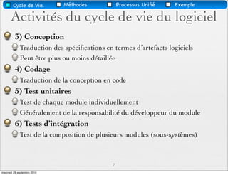 Cycle de Vie.        Méthodes            Processus Uniﬁé   Exemple

      Activités du cycle de vie du logiciel
         3) Conception
             Traduction des spéciﬁcations en termes d’artefacts logiciels
             Peut être plus ou moins détaillée
         4) Codage
             Traduction de la conception en code
         5) Test unitaires
             Test de chaque module individuellement
             Généralement de la responsabilité du développeur du module
         6) Tests d’intégration
             Test de la composition de plusieurs modules (sous-systèmes)



                                             7
mercredi 29 septembre 2010
 