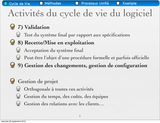 Cycle de Vie.             Méthodes             Processus Uniﬁé   Exemple


       Activités du cycle de vie du logiciel
                 7) Validation
                        Test du système ﬁnal par rapport aux spéciﬁcations
                 8) Recette/Mise en exploitation
                        Acceptation du système ﬁnal
                        Peut être l’objet d’une procédure formelle et parfois ofﬁcielle
                 9) Gestion des changements, gestion de conﬁguration

                 Gestion de projet
                        Orthogonale à toutes ces activités
                        Gestion du temps, des coûts, des équipes
                        Gestion des relations avec les clients…

                                                   8
mercredi 29 septembre 2010
 
