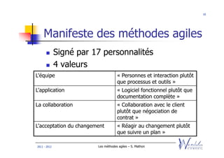 10




    Manifeste des méthodes agiles
              Signé par 17 personnalités
              4 valeurs
L'équipe                             « Personnes et interaction plutôt
                                     que processus et outils »
L'application                        « Logiciel fonctionnel plutôt que
                                     documentation complète »
La collaboration                     « Collaboration avec le client
                                     plutôt que négociation de
                                     contrat »
L'acceptation du changement          « Réagir au changement plutôt
                                     que suivre un plan »

2011 - 2012              Les méthodes agiles – S. Mathon
 