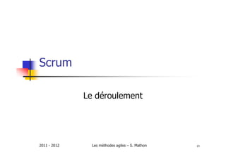 Scrum

              Le déroulement




2011 - 2012     Les méthodes agiles – S. Mathon   14
 