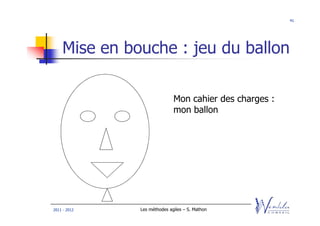 41




    Mise en bouche : jeu du ballon

                             Mon cahier des charges :
                             mon ballon




2011 - 2012   Les méthodes agiles – S. Mathon
 