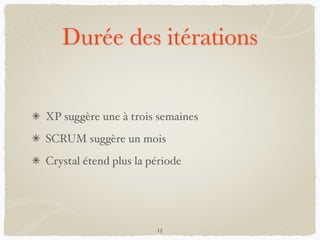 Durée des itérations
XP suggère une à trois semaines
SCRUM suggère un mois
Crystal étend plus la période
15
 