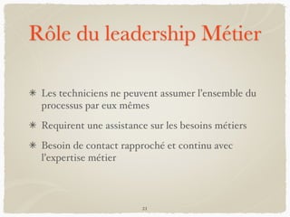 Rôle du leadership Métier
Les techniciens ne peuvent assumer l’ensemble du
processus par eux mêmes
Requirent une assistance sur les besoins métiers
Besoin de contact rapproché et continu avec
l’expertise métier
21
 
