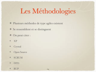 Les Méthodologies
Plusieurs méthodes de type agiles existent
Se ressemblent et se distinguent
On peut citer :
XP
Crystal
Open Source
SCRUM
DFD
RUP 24
 