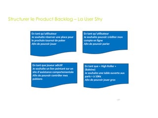 En tant qu’utilisateur
Je souhaite réserver une place pour
le prochain tournoi de poker
Afin de pouvoir jouer
En tant qu’utilisateur
Je souhaite pouvoir créditer mon
compte en ligne
Afin de pouvoir parier
En tant que joueur adictif
Je souhaite un lien pointant sur un
site d’assistance comportementale
Afin de pouvoir contrôler mes
pulsions
En tant que « High Roller »
(Baleine)
Je souhaite une table ouverte aux
paris > à 10K€
Afin de pouvoir jouer gros
127
Structurer le Product Backlog – La User Stry
 