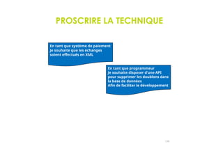 PROSCRIRE LA TECHNIQUE
En tant que système de paiement
Je souhaite que les échanges
soient effectués en XML
En tant que programmeur
Je souhaite disposer d’une API
pour supprimer les doublons dans
la base de données
Afin de faciliter le développement
Ce type d’informations est à réserver pour le Sprint Backlog
130
 