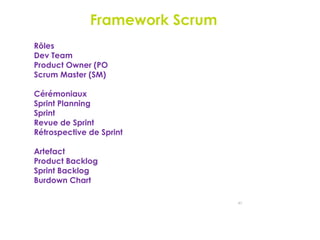 Framework Scrum
43
 Rôles
Dev Team
Product Owner (PO
Scrum Master (SM)
 Cérémoniaux
Sprint Planning
Sprint
Revue de Sprint
Rétrospective de Sprint
 Artefact
Product Backlog
Sprint Backlog
Burdown Chart
 