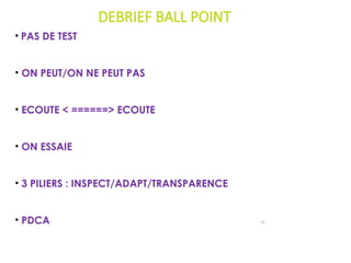 DEBRIEF BALL POINT
91
• PAS DE TEST
• ON PEUT/ON NE PEUT PAS
• ECOUTE < ======> ECOUTE
• ON ESSAIE
• 3 PILIERS : INSPECT/ADAPT/TRANSPARENCE
• PDCA
 