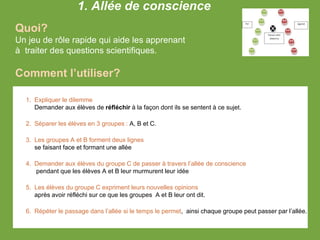 1. Allée de conscience
Quoi?
Un jeu de rôle rapide qui aide les apprenant
à traiter des questions scientifiques.
Comment l’utiliser?
1. Expliquer le dilemme
Demander aux élèves de réfléchir à la façon dont ils se sentent à ce sujet.
2. Séparer les élèves en 3 groupes : A, B et C.
3. Les groupes A et B forment deux lignes
se faisant face et formant une allée
4. Demander aux élèves du groupe C de passer à travers l’allée de conscience
pendant que les élèves A et B leur murmurent leur idée
5. Les élèves du groupe C expriment leurs nouvelles opinions
après avoir réfléchi sur ce que les groupes A et B leur ont dit.
6. Répéter le passage dans l’allée si le temps le permet, ainsi chaque groupe peut passer par l’allée.
 