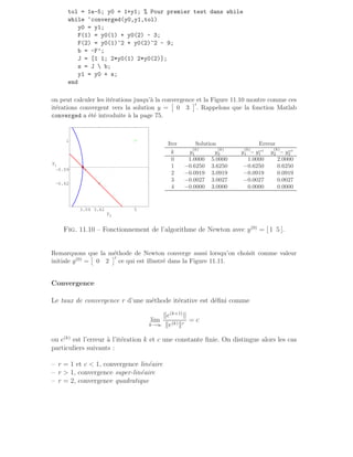 tol = 1e-5; y0 = 1+y1; % Pour premier test dans while
while ~converged(y0,y1,tol)
y0 = y1;
F(1) = y0(1) + y0(2) - 3;
F(2) = y0(1)^2 + y0(2)^2 - 9;
b = -F’;
J = [1 1; 2*y0(1) 2*y0(2)];
s = J  b;
y1 = y0 + s;
end
on peut calculer les itérations jusqu’à la convergence et la Figure 11.10 montre comme ces
itérations convergent vers la solution y =

0 3
′
. Rappelons que la fonction Matlab
converged a été introduite à la page 75.
3.09 3.62 5
−0.62
−0.09
1
y
2
y
1
Iter Solution Erreur
k y
(k)
1 y
(k)
2 y
(k)
1 − ysol
1 y
(k)
2 − ysol
2
0 1.0000 5.0000 1.0000 2.0000
1 −0.6250 3.6250 −0.6250 0.6250
2 −0.0919 3.0919 −0.0919 0.0919
3 −0.0027 3.0027 −0.0027 0.0027
4 −0.0000 3.0000 0.0000 0.0000
Fig. 11.10 – Fonctionnement de l’algorithme de Newton avec y(0)
= [ 1 5 ].
Remarquons que la méthode de Newton converge aussi lorsqu’on choisit comme valeur
initiale y(0) =

0 2
′
ce qui est illustré dans la Figure 11.11.
Convergence
Le taux de convergence r d’une méthode itérative est défini comme
lim
k→∞
ke(k+1)
k
ke(k)kr
= c
ou e(k)
est l’erreur à l’itération k et c une constante finie. On distingue alors les cas
particuliers suivants :
– r = 1 et c  1, convergence linéaire
– r  1, convergence super-linéaire
– r = 2, convergence quadratique
 