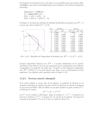 L’évaluation de la fonction F(y) a été dans ce cas transférée dans une fonction Mat-
lab ExSNL ce qui rend le code indépendant de la résolution d’un système d’équations
particulier.
function F = ExSNL(y)
F = repmat(NaN,2,1);
F(1) = y(1) + y(2) - 3;
F(2) = y(1)^2 + y(2)^2 - 9;
La Figure 11.12 donne les résultats de méthode de Broyden en partant avec B(0)
= I
et pour une valeur initiale y(0)
= [ 2 0 ].
−1.49 0 3 5
0
3
4.45
y
2
y
1
Iter Solution Erreur
k y
(k)
1 y
(k)
2 y
(k)
1 − ysol
1 y
(k)
2 − ysol
2
0 2.0000 0 −1.0000 0
1 3.0000 5.0000 0 5.0000
2 2.1667 0.8333 −0.8333 0.8333
3 1.6585 1.4634 −1.3415 1.4634
4 4.4582 −1.4984 1.4582 −1.4984
5 2.3304 0.6762 −0.6696 0.6762
6 2.7384 0.2614 −0.2616 0.2614
7 3.0847 −0.0852 0.0847 −0.0852
8 2.9921 0.0079 −0.0079 0.0079
9 2.9998 0.0002 −0.0002 0.0002
10 3.0000 0.0000 0.0000 0.0000
Fig. 11.12 – Résultats de l’algorithme de Broyden avec B(0)
= I et y(0)
= [ 2 0 ].
Lorsque l’algorithme démarre avec B(0)
= I aucune information sur la matrice
Jacobienne n’est donné et il n’est pas surprenant que la performance soit médiocre
(comparable à la méthode du point fixe). Ci-après on fait démarrer l’algorithme
avec B(0)
= ∇F(y(0)
) et on peut observer que dans ce cas sa performance est bien
supérieure. Ces résultats sont reproduits dans la Figure 11.13.
11.2.5 Newton amorti (damped)
Si la valeur initiale se trouve loin de la solution, la méthode de Newton et ses
variantes convergent en général très mal. En fait la direction et surtout la longueur
du pas sont peu fiables. Afin de définir un pas plus prudent on peut calculer y(k+1)
à l’itération k comme
y(k+1)
= y(k)
+ α(k)
s(k)
ou α(k)
est un scalaire à déterminer. Ainsi on choisira 0  α(k)
 1 lorsqu’on est
loin de la solution et α(k)
= 1 lorsque y(k)
est proche de la solution. Une façon de
contrôler le paramètre α(k)
est de le lier à la valeur de kF(y(k)
)k.
 
