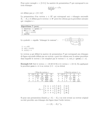 Pour notre exemple e = [3 3 4]. La matrice de permutation P qui correspond à ces
trois échanges
E3E2E1
| {z }
P
x = Px
est définie par p = [3 1 4 2]′
.
La permutation d’un vecteur x ∈ Rn
qui correspond aux r échanges successifs
Er · · ·E1 x et définis par le vecteur e ∈ Rr
peut être obtenu par la procédure suivante
qui remplace x :
Algorithme 7 (perm)
1: function x = perm(e, x)
2: for k = 1 : r do
3: x(k) ↔ x(e(k))
4: end for
Le symbole ↔ signifie “échanger le contenu” : x :
.
.
.
.
.
.
.
.
.
.
.
.
.
.
.
.
.
.
.
.
.
.
.
.
.
.
.
.
.
.
.
.
.
.
.
.
.
.
.
.
.
.
.
.
.
.
.
.
.
.
.
.
.
.
.
.
.
.
.
.
.
.
.
.
.
.
.
.
.
.
.
.
.
.
.
.
.
.
.
.
.
.
.
.
.
.
.
.
.
.
.
.
.
.
.
.
.
.
.
.
.
.
.
.
.
.
.
.
.
.
.
.
.
.
.
.
.
.
.
.
.
.
.
.
.
.
.
.
.
.
.
.
.
.
.
.
.
.
.
.
.
.
.
.
.
×
k
×
e(k)
s
.
.
.
.
.
.
.
.
.
.
.
.
.
.
.
.
.
.
.
.
.
.
.
.
.
.
.
.
.
.
.
.
.
.
.
.
.
.
.
.
.
.
.
.
.
.
.
.
. 1:
.
.
.
.
.
.
.
.
.
.
.
.
.
.
.
.
.
.
.
.
.
.
.
.
.
.
.
.
.
.
.
.
.
.
.
.
.
.
.
.
.
.
.
.
.
.
.
.
.
.
.
.
.
.
.
.
.
.
.
.
.
.
.
.
.
.
.
.
.
.
.
.
.
.
.
.
.
.
.
.
.
.
.
.
.
.
.
.
.
.
.
.
.
.
.
.
.
.
.
.
.
.
.
.
.
.
.
.
.
.
.
.
.
.
.
.
.
.
.
.
.
.
.
.
.
.
.
.
.
.
.
.
.
.
.
.
.
.
.
.
.
.
.
.
.
.
.
.
.
.
.
.
..
.
.
.
.
.
.
.
2:
.
.
.
.
.
.
.
.
.
.
.
.
.
.
.
.
.
.
.
.
.
.
.
.
.
.
.
.
.
.
.
.
.
.
.
.
.
.
.
.
.
.
.
.
.
.
.
.
.
.
.
.
.
.
.
.
.
.
.
.
.
.
.
.
.
.
.
.
.
.
.
.
.
.
.
.
.
.
.
.
.
.
.
.
.
.
.
.
.
.
.
.
.
.
.
.
.
.
.
.
.
.
.
.
.
.
.
.
.
.
.
.
.
.
.
.
.
.
.
.
.
.
.
.
.
.
.
.
.
.
.
.
.
.
.
.
.
.
.
.
.
.
.
.
.
.
.
.
.
.
.
.
.
.
.
.
.
.
.
.
.
.
.
.
.
.
.
.
.
.
.
.
.
.
.
.
.
.
.
.
3:
1: s = x(k)
2: x(k) = x(e(k))
3: x(e(k)) = s
Le vecteur p qui définit la matrice de permutation P qui correspond aux échanges
de lignes successifs définis par un vecteur e peut être obtenu avec la même procédure
dans laquelle le vecteur x est remplacé par le vecteur 1 : n, soit p = perm(e, 1 : n).
Exemple 6.8 Soit le vecteur x = [19 20 13 55] et le vecteur e = [3 3 4]. En appliquant
la procédure perm à x et à un vecteur [1 2 · · · n] on obtient
État du vecteur x
k e(k) 19 20 13 55
1 3 13 20 19 55
2 3 13 19 20 55
3 4 13 19 55 20
État du vecteur 1 : n
k e(k) 1 2 3 4
1 3 3 2 1 4
2 3 3 1 2 4
3 4 3 1 4 2
Px =




0 0 1 0
1 0 0 0
0 0 0 1
0 1 0 0








19
20
13
55



 =




13
19
55
20



 .
Si pour une permutation donnée y = Er · · · E1 x on veut revenir au vecteur original
on doit procéder aux échanges des lignes dans l’ordre inverse :
x = (Er · · · E1)−1
y .
 