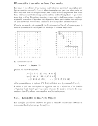 Décomposition triangulaire par blocs d’une matrice
Les lignes et les colonnes d’une matrice carrée et creuse qui admet un couplage par-
fait peuvent être permutées de sorte à faire apparaı̂tre une structure triangulaire par
blocs avec des matrices diagonales qui sont carrées et indécomposables. Les situa-
tions extrêmes d’une telle décomposition sont une matrice triangulaire, ce qui corres-
pond à un système d’équations récursives et une matrice indécomposable, ce qui cor-
respond à un système d’équations interdépendant. Dans les situations intermédiaires
on peut mettre en évidence une succession de sous-systèmes interdépendants.
Ci-après une matrice décomposable M, les commandes Matlab nécessaires pour la
mise en évidence de la décomposition, ainsi que la matrice réordonnée.
1 . . . . . . . . . . 1 1 .
2 . 1 . . . . . . . . . . .
3 . . . . 1 1 . . 1 . . . .
4 . . . . 1 . . . . 1 . . .
5 . . . . . . . 1 . . . 1 .
6 . . . . . . 1 . 1 . . . .
7 . . . . . 1 1 . 1 . . . .
8 . . . . 1 . . . . 1 . . .
9 . 1 . . . 1 . . . . . . 1
10 . . . 1 . . . . . . 1 1 .
11 1 . . . 1 . 1 . . . . . .
12 . . 1 . . . . . . . 1 . .
13 . . 1 1 . . . . . . . . .
1 2 3 4 5 6 7 8 9 10 11 12 13
11 1 . . . . . . . . 1 . . 1
9 . 1 1 . . . . . 1 . . . .
2 . . 1 . . . . . . . . . .
5 . . . 1 1 . . . . . . . .
1 . . . . 1 1 . . . . . . .
10 . . . . 1 1 1 . . . . . .
13 . . . . . . 1 1 . . . . .
12 . . . . . 1 . 1 . . . . .
7 . . . . . . . . 1 1 1 . .
6 . . . . . . . . . 1 1 . .
3 . . . . . . . . 1 . 1 . 1
8 . . . . . . . . . . . 1 1
4 . . . . . . . . . . . 1 1
1 13 2 8 12 11 4 3 6 7 9 10 5
La commande Matlab
[p,q,r,s] = dmperm(M)
produit les résultats suivants
p =

11 9 2 5 1 10 13 12 7 6 3 8 4

q =

1 13 2 8 12 11 4 3 6 7 9 10 5

r =

1 2 3 4 5 9 12 14

s =

1 2 3 4 5 9 12 14

et la permutation de la matrice M à droite s’obtient avec la commande M(p,q).
L’intérêt d’une telle décomposition apparaı̂t lors de la résolution d’un système
d’équation étant donné que l’on pourra résoudre de manière recursive les sous-
systèmes interdépendants correspondant aux blocs diagonaux.
8.3.1 Exemples de matrices creuses
Les exemples qui suivent illustrent les gains d’efficacité considérables obtenus en
considérant la structure creuse de matrices.
 