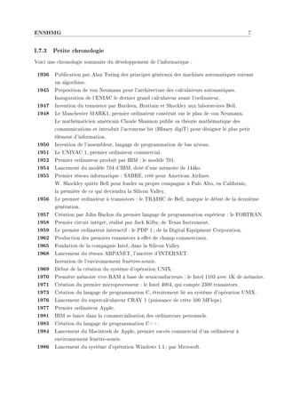 ENSHMG 7
I.7.3 Petite chronologie
Voici une chronologie sommaire du développement de l'informatique :
1936 Publication par Alan Turing des principes généraux des machines automatiques suivant
un algorihme.
1945 Proposition de von Neumann pour l'architecture des calculateurs automatiques.
Inauguration de l'ENIAC le dernier grand calculateur avant l'ordinateur.
1947 Invention du transistor par Bardeen, Brattain et Shockley aux laboratoires Bell.
1948 Le Manchester MARK1, premier ordinateur construit sur le plan de von Neumann.
Le mathématicien américain Claude Shannon publie sa théorie mathématique des
communications et introduit l'acronyme bit (BInary digiT) pour désigner le plus petit
élément d'information.
1950 Invention de l'assembleur, langage de programmation de bas niveau.
1951 Le UNIVAC 1, premier ordinateur commercial.
1952 Premier ordinateur produit par IBM : le modèle 701.
1954 Lancement du modèle 704 d'IBM, doté d'une mémoire de 144ko.
1955 Premier réseau informatique : SABRE, créé pour American Airlines.
W. Shockley quitte Bell pour fonder sa propre compagnie à Palo Alto, en Californie,
la première de ce qui deviendra la Silicon Valley.
1956 Le premier ordinateur à transistors : le TRADIC de Bell, marque le début de la deuxième
génération.
1957 Création par John Backus du premier langage de programmation supérieur : le FORTRAN.
1958 Premier circuit intégré, réalisé par Jack Kilby, de Texas Instrument.
1959 Le premier ordinateur interactif : le PDP 1 ; de la Digital Equipment Corporation.
1962 Production des premiers transistors à eet de champ commerciaux.
1965 Fondation de la compagnie Intel, dans la Silicon Valley.
1968 Lancement du réseau ARPANET, l'ancêtre d'INTERNET.
Invention de l'environnement fenêtres-souris.
1969 Début de la création du système d'opération UNIX.
1970 Première mémoire vive RAM à base de semiconducteurs : le Intel 1103 avec 1K de mémoire.
1971 Création du premier microprocesseur : le Intel 4004, qui compte 2300 transistors.
1973 Création du langage de programmation C, étroitement lié au système d'opération UNIX.
1976 Lancement du supercalculateur CRAY 1 (puissance de crête 100 MFlops).
1977 Premier ordinateur Apple.
1981 IBM se lance dans la commercialisation des ordinateurs personnels.
1983 Création du langage de programmation C++.
1984 Lancement du Macintosh de Apple, premier succès commercial d'un ordinateur à
environnement fenêtre-souris.
1986 Lancement du système d'opération Windows 1.1 ; par Microsoft.
 