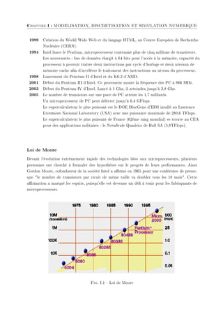 8
Chapitre I : MODELISATION, DISCRETISATION ET SIMULATION NUMERIQUE
1989 Création du World Wide Web et du langage HTML, au Centre Européen de Recherche
Nucléaire (CERN).
1994 Intel lance le Pentium, microprocesseur contenant plus de cinq millions de transistors.
Les nouveautés : bus de données élargit à 64 bits pour l'accès à la mémoire, capacité du
processeur à pouvoir traiter deux instructions par cycle d'horloge et deux niveaux de
mémoire cache an d'accélérer le traitement des instructions au niveau du processeur.
1998 Lancement du Pentium II d'Intel et du K6-2 d'AMD.
2001 Début du Pentium III d'Intel. Ce processeur monte la fréquence des PC à 866 MHz.
2003 Début du Pentium IV d'Intel. Lancé à 1 Ghz, il atteindra jusqu'à 3,8 Ghz.
2005 Le nombre de transistors sur une puce de PC atteint les 1,7 milliards.
Un microprocesseur de PC peut délivrer jusqu'à 6,4 GFlops.
Le supercalculateur le plus puissant est le DOE BlueGene d'IBM intallé au Lawrence
Livermore National Laboratory (USA) avec une puissance maximale de 280,6 TFlops.
Le supercalculateur le plus puissant de France (62ème rang mondial) se trouve au CEA
pour des applications militaires : le NovaScale Quadrics de Bull SA (5,8TFlops).
Loi de Moore
Devant l'évolution extrèmement rapide des technologies liées aux microprocesseurs, plusieurs
personnes ont cherché à formuler des hypothèses sur le progrès de leurs performances. Ainsi
Gordon Moore, cofondateur de la société Intel a armé en 1965 pour une conférence de presse,
que le nombre de transistors par cicuit de même taille va doubler tous les 18 mois. Cette
armation a marqué les esprits, puisqu'elle est devenue un dé à tenir pour les fabriquants de
microprocesseurs.
Fig. I.1  Loi de Moore
 