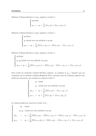 ENSHMG 57
Méthode d'Adams-Moulton à 1 pas, implicite, d'ordre 2 :





y0 donné
yn+1 = yn +
h
2
(f(xn, yn) + f(xn+1, yn+1))
Méthode d'Adams-Moulton à 2 pas, implicite, d'ordre 3 :













y0 donné
y1 calculé avec une méthode à un pas
yn+1 = yn +
h
12
(5f(xn+1, yn+1) + 8f(xn, yn) − f(xn−1, yn−1))
Méthode d'Adams-Moulton à 3 pas, implicite, d'ordre 4 :













y0 donné
y1, y2 calculé avec une méthode à un pas
yn+1 = yn +
h
24
(9f(xn+1, yn+1) + 19f(xn, yn) − 5f(xn−1, yn−1) + f(xn−2, yn−2))
Pour rendre les méthodes d'Adams-Moulton explicite, on remplace le yn+1 génant par son
estimation par la méthode d'Adams-Bashforth. Sont construits ainsi des schémas explicites dits
prédicteur-correcteur, par exemple un schéma d'ordre 2 :























y0 donné
y1 calculé avec une méthode à un pas
y∗
n+1 = yn +
h
24
(3f(xn, yn) − f(xn−1, yn−1))
yn+1 = yn +
h
2
¡
f(xn, yn) + f(xn+1, y∗
n+1)
¢
Le schéma prédicteur-correcteur d'ordre 4 est :























y0 donné
y1, y2 calculé avec une méthode à un pas
y∗
n+1 = yn +
h
24
(55f(xn, yn) − 59f(xn−1, yn−1) + 37f(xn−2, yn−2) − 9f(xn−3, yn−3))
yn+1 = yn +
h
24
¡
9f(xn+1, y∗
n+1) + 19f(xn, yn) − 5f(xn−1, yn−1) + f(xn−2, yn−2)
¢
 