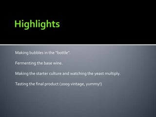 Making bubbles in the “bottle”.

Fermenting the base wine.

Making the starter culture and watching the yeast multiply.

Tasting the final product (2009 vintage, yummy!)
 