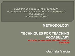 METHODOLOGY 
TECHNIQUES FOR TEACHING 
VOCABULARY 
PICTURES, FLASHCARDS, PHOTOS, CHARTS, 
DIAGRAMS 
Gabriela García 
 